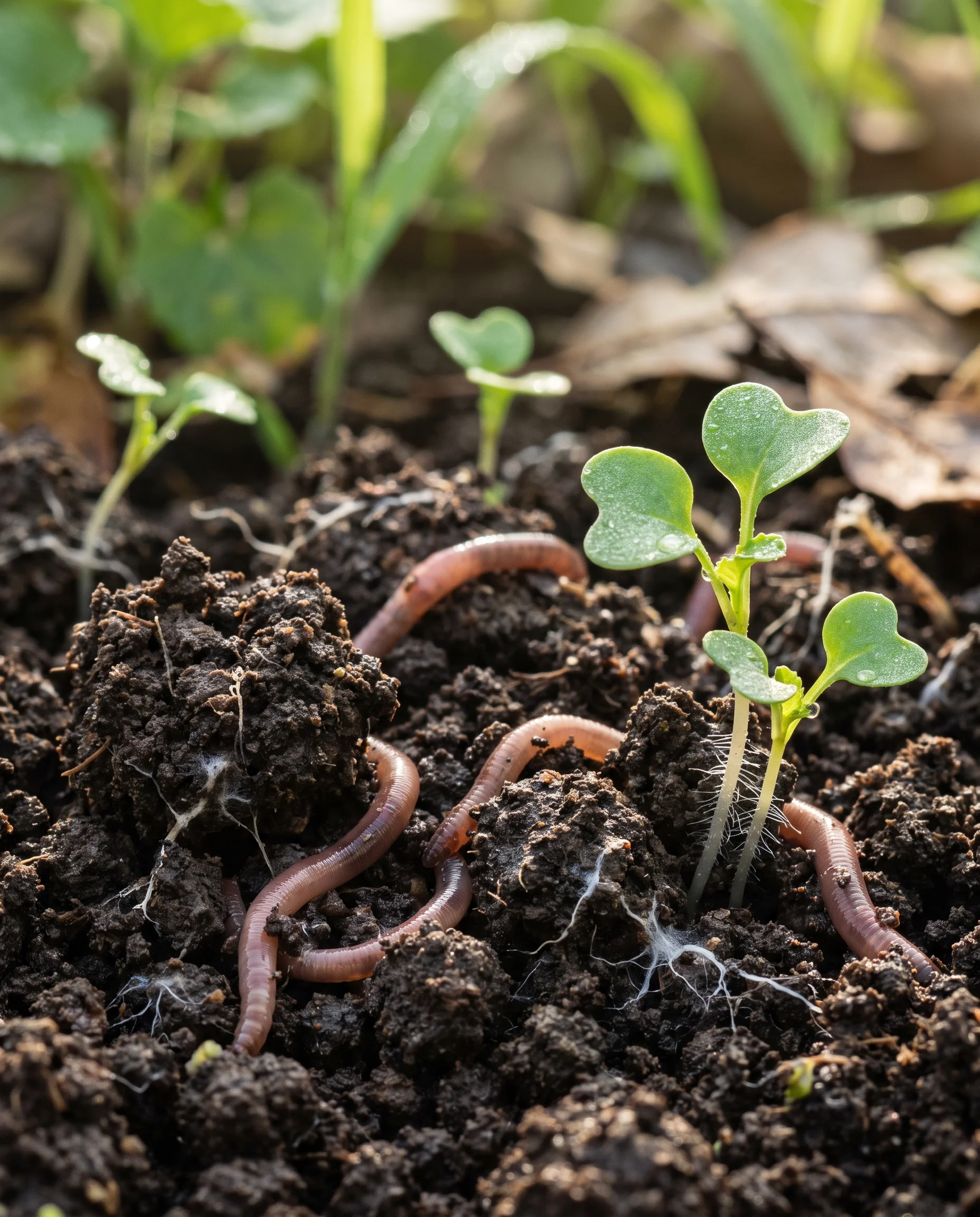 Lombrices, plantas sanas y suelo sano regenerado de forma orgánica