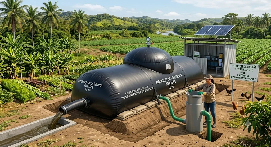 Biodigestor de geomembrana inflable para biogás y biofertilizante
